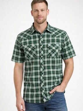 Wrangler Green Plaid Cotton Blend Pearl Snap Short Sleeve Shirt Size 3XT